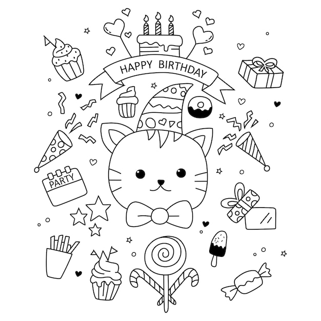 Vecteur joyeux anniversaire doodle dessinés à la main isolé sur fond blanc illustration vectorielle