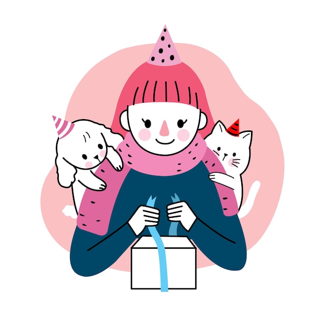 Vecteur joyeux anniversaire, femme et chien et chat et main présente dessiner dessin animé mignon.