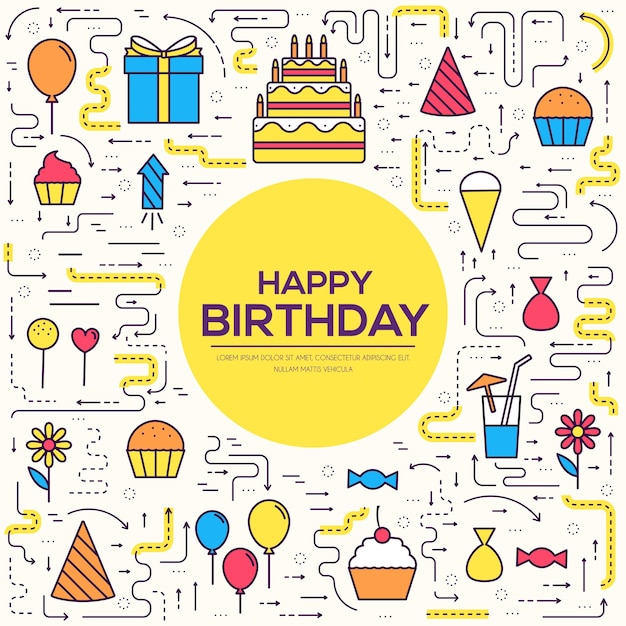 joyeux anniversaire festif avec jeu de confettis. Gâteau d'éléments de fête et de célébration, boissons, cadeaux.