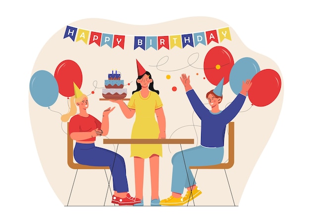 Joyeux anniversaire fête événement annuel vacances et festival homme et femme en chapeaux colorés et air