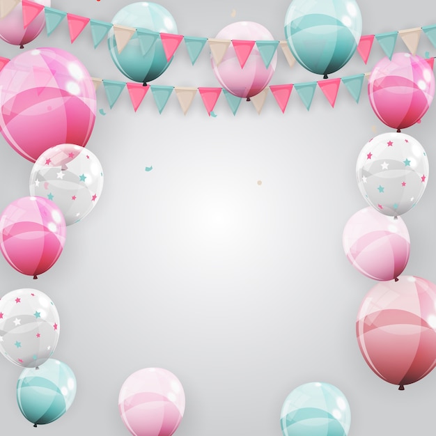 Joyeux anniversaire fond de fête de vacances avec des drapeaux et des ballons.