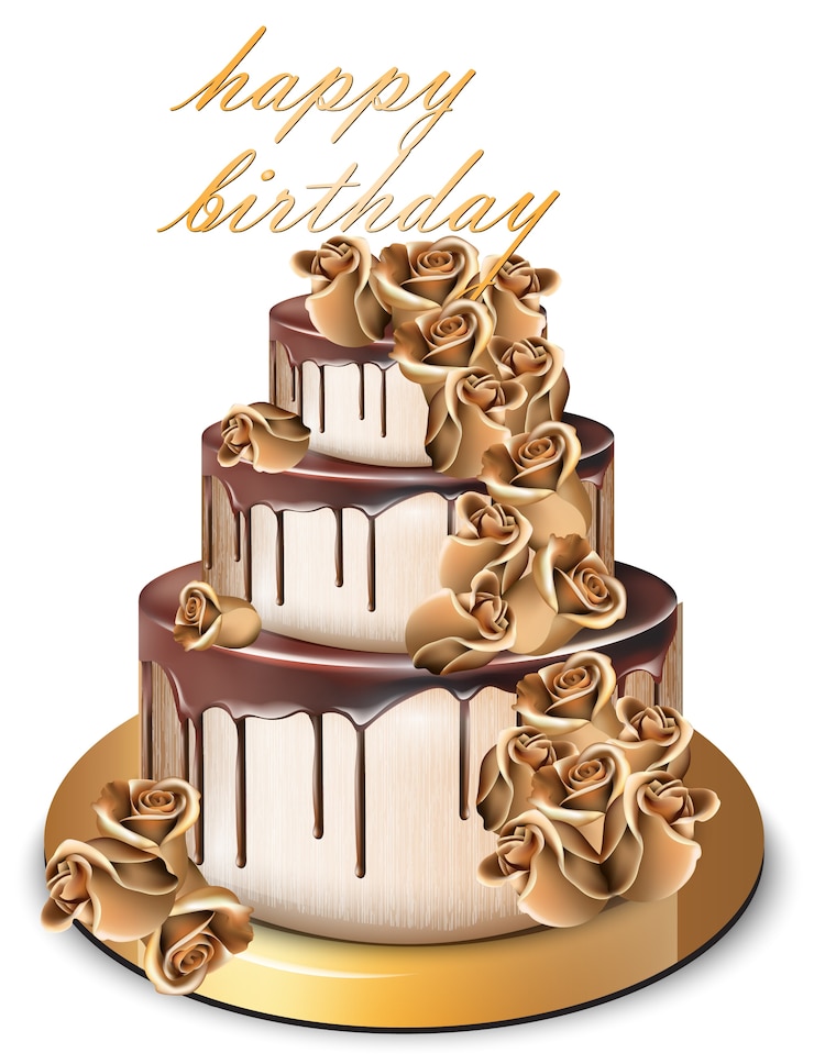 Vecteur joyeux anniversaire gâteau d&#39;or avec des roses
