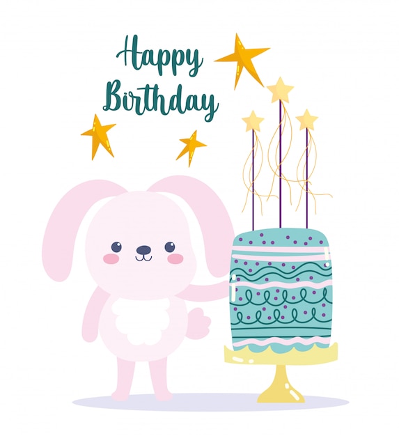 Joyeux Anniversaire, Lapin Mignon Avec Gâteau Et étoiles Carte De Décoration De Célébration De Dessin Animé