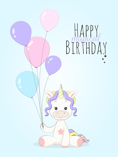 Joyeux anniversaire magique Licorne mignonne avec des ballons colorés