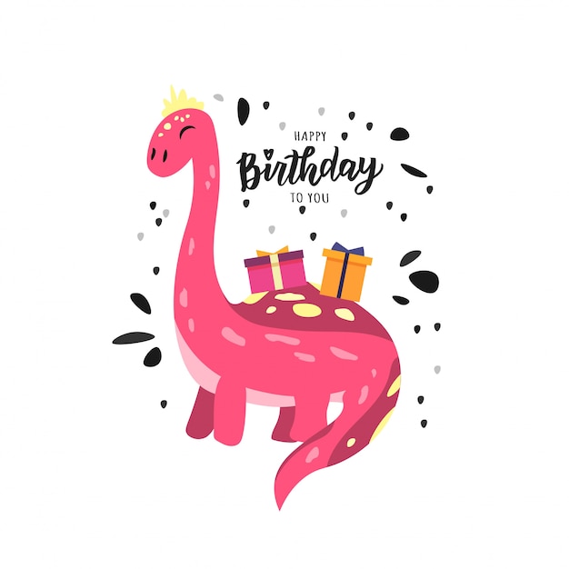 Joyeux Anniversaire Main Lettrage Texte Avec Dino Mignon.