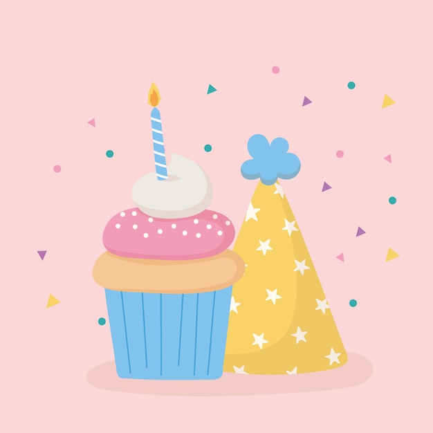 Joyeux Anniversaire, Petit Chapeau De Fête Cupcake Avec Célébration De Bougie