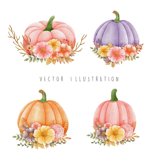 Joyeux Automne Avec Citrouille Et Feuilles D'automne Et Fleurs Illustration Vectorielle