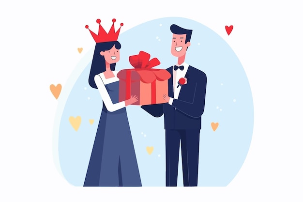 Joyeux couple en tenue formelle serrant la boîte-cadeau Joyeux homme et femme portant des couronnes commémorant l'anniversaire avec image vectorielle actuelle