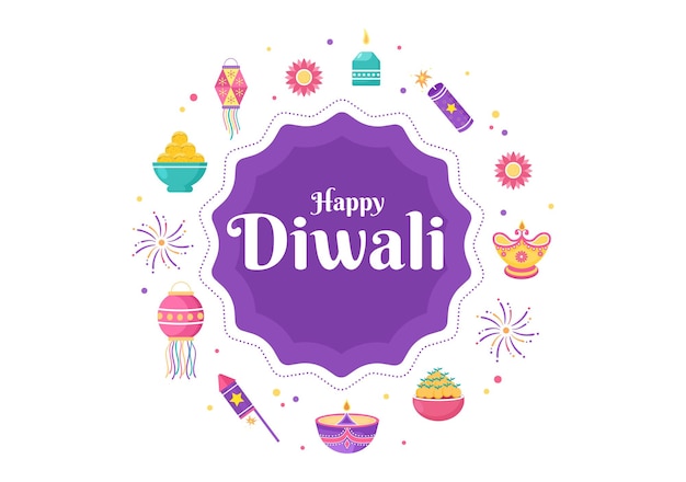 Joyeux Diwali Hindu Festival Background Vector Illustration avec lanternes, feux d'artifice d'éclairage, paon et Mandala ou Rangoli Art pour affiche, modèle de carte de voeux