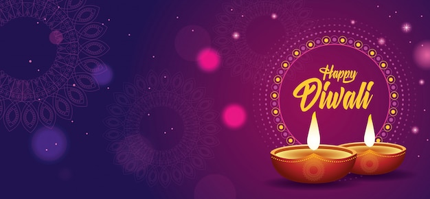 Vecteur joyeux diwali indian celebration bannière avec des bougies