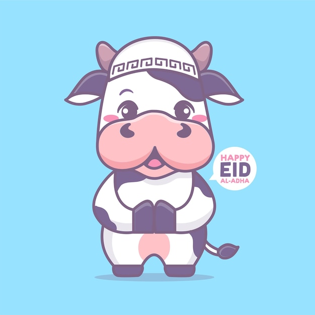 Joyeux eid al adha avec une jolie illustration de dessin animé musulman de vache islamique