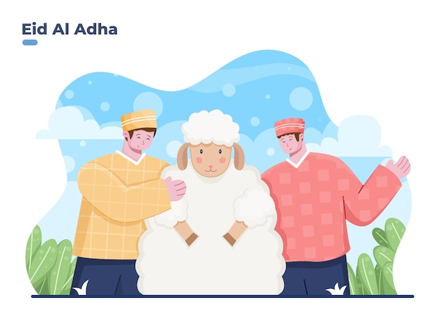 Joyeux Eid Al Adha Vector Illustration Plate Avec Personne Musulmane étreignant L'animal Mouton