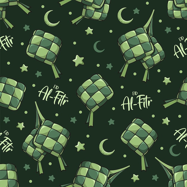 Vecteur joyeux eid al-fitr ketupat modèle sans couture de gâteau de riz. dessin animé, illustration