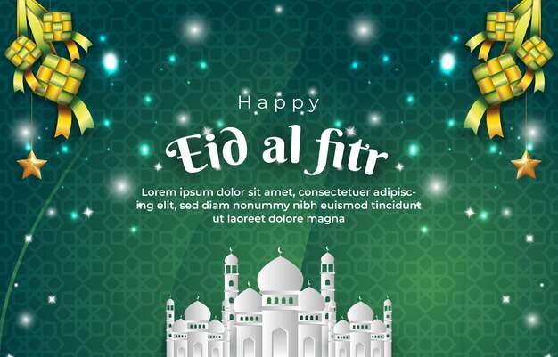 Joyeux eid al fitr mubarak bannière avec citation et belle conception d'ornement islamique avec fond vert dégradé abstrait