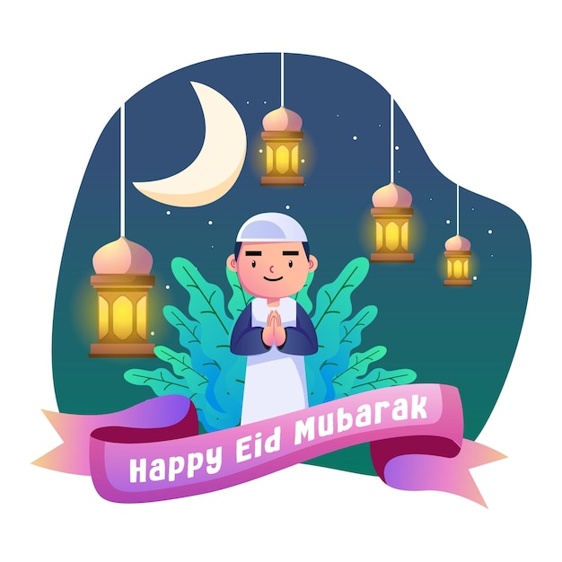 Vecteur joyeux eid mubarak illustration pour les enfants