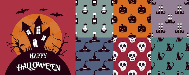 Joyeux ensemble d'Halloween. Ensemble d'illustrations vectorielles simples de modèles sans couture.