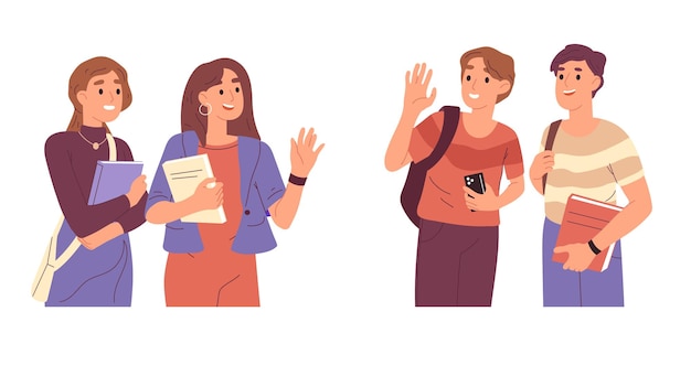Joyeux étudiants filles et garçons agitant leurs mains illustration vectorielle de dessin animé