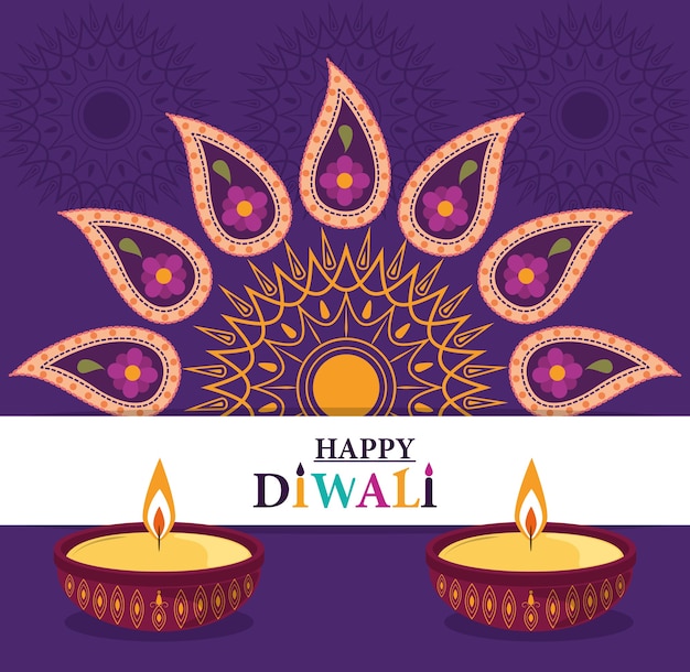 Joyeux Festival De Diwali, Lampes Diya Bougies Décoration Florale De Fleurs De Mandala