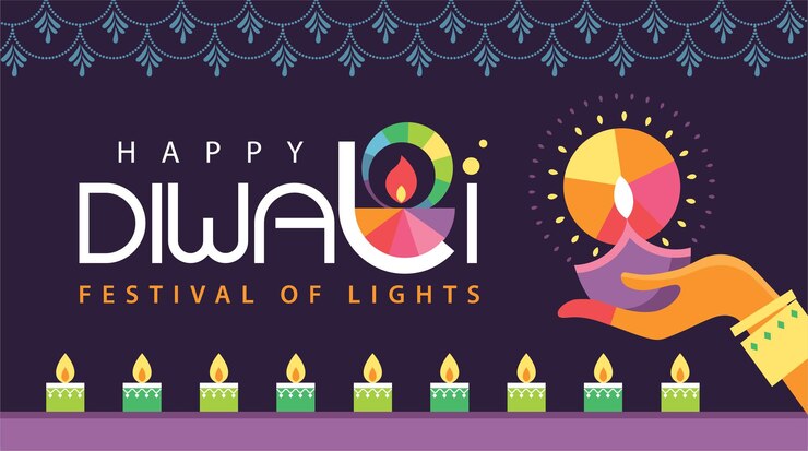 Vecteur joyeux festival hindou de diwali design plat moderne avec des lampes à huile colorées et un design de typographie