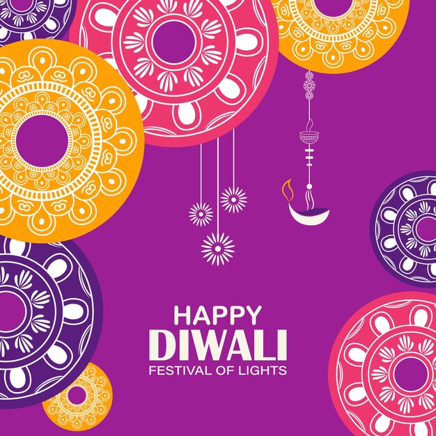 Joyeux festival de lumières de Diwali Indien Rangoli lumières dorées fond coloré
