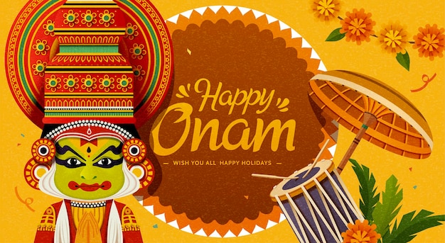 Vecteur joyeux festival d'onam avec danseur kathakali et éléments chenda