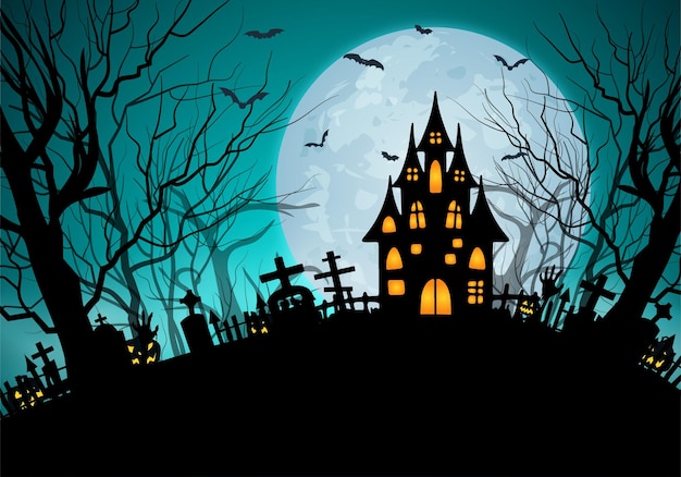 Joyeux fond de bannière d'Halloween avec un château chassé par un cimetière, des chauves-souris volantes, des arbres morts et une pleine lune rougeoyante