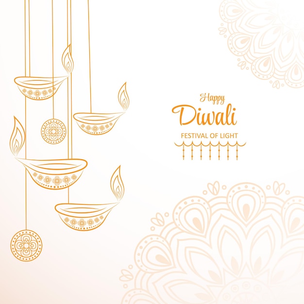 Vecteur joyeux fond de diwali avec lampes à huile illuminées et mandala floral