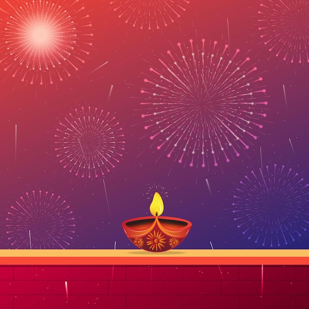 Vecteur joyeux fond de festival indien diwali avec lampe à huile diya et feux d'artifice illustration vectorielle