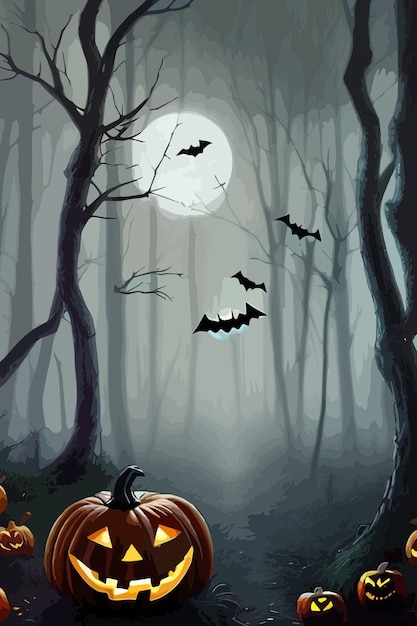 Joyeux fond d'Halloween et citrouille d'arbre effrayante sur la nuit noire de pleine lune et chauve-souris noire et sombre