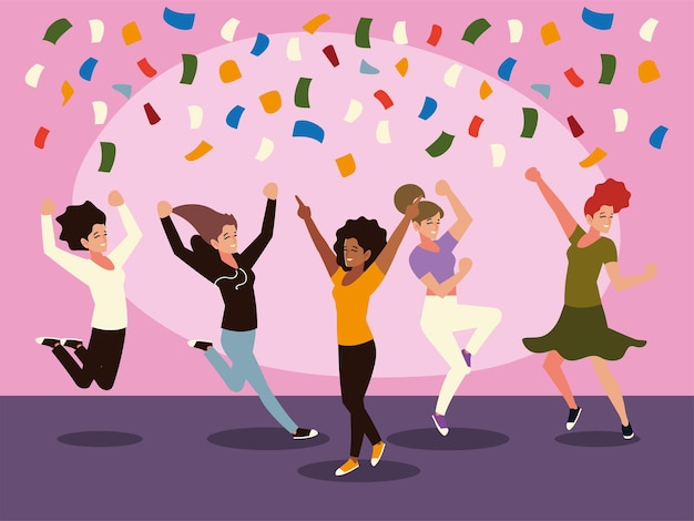 Joyeux Groupe De Sauts Féminins Célébrant La Fête Des Confettis