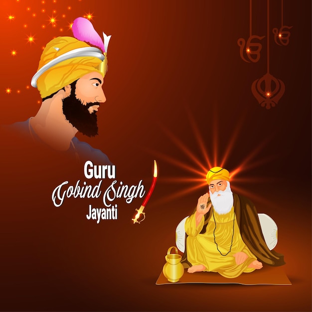 Vecteur joyeux guru gobind singh jayanti célébration avec illustration créative de guru gobind singh et guru nanak dev ji