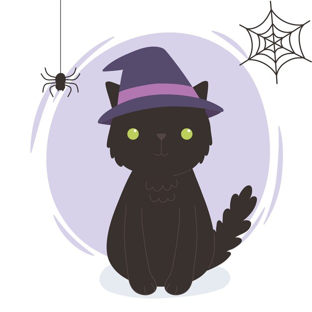 Joyeux Halloween, Chat Noir Avec Toile D'araignée De Chapeau, Fête De Fête