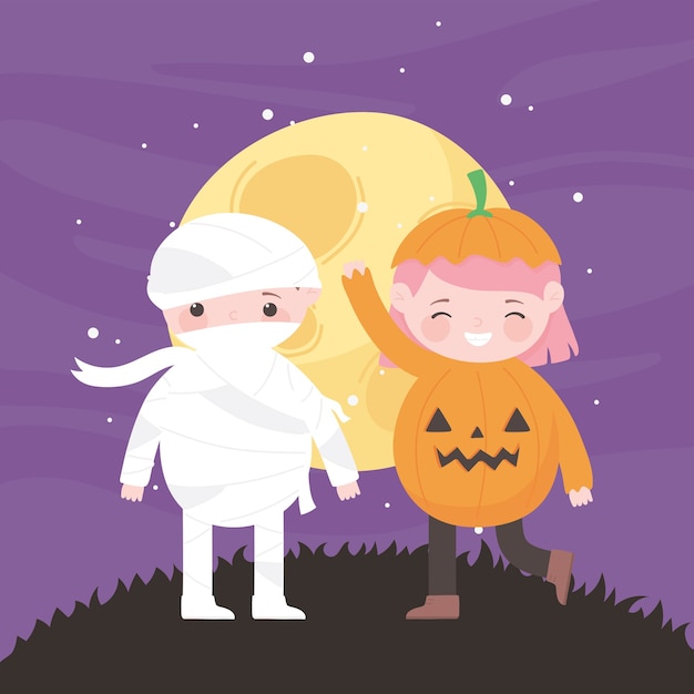 Joyeux Halloween, Costumes De Citrouille Et De Momie Nuit Lune, Trucs Ou Friandises, Fête