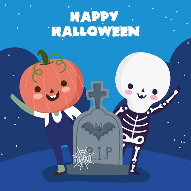 Joyeux halloween, costumes de squelette de citrouille et truc de pierre tombale ou illustration de célébration de fête