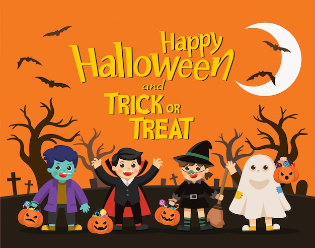 Joyeux Halloween. Les Enfants Habillés En Déguisements D'halloween Pour Aller Trick Or Treating. Modèle De Brochure Publicitaire.