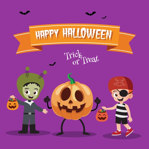 Joyeux Halloween Avec Des Enfants Heureux En Extraterrestre, Illustration Vectorielle De Costume De Pirate