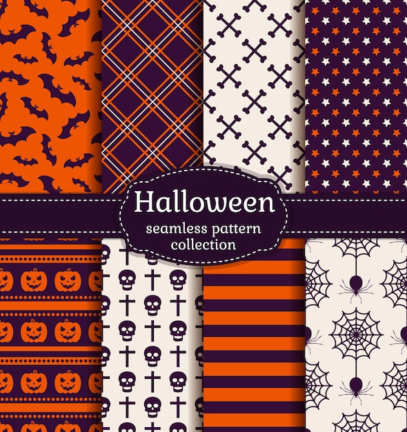 Vecteur joyeux halloween! ensemble de motifs harmonieux avec des symboles traditionnels de vacances : crânes, chauves-souris, citrouilles, araignées et toile. collection d'arrière-plans aux couleurs violet, orange et blanc. illustration vectorielle.