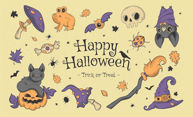 Joyeux Halloween. Grand Ensemble De Doodle Dessinés à La Main D'horreur. Collection Halloween Et éléments Magiques.