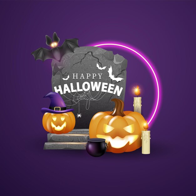 Joyeux Halloween Un Groupe D'illustrations D'une Citrouille Rougeoyante Dans Un Chapeau Et Des Bougies Sur Le Backgrou