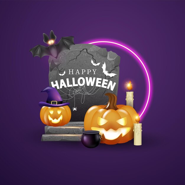 Joyeux halloween un groupe d'illustrations d'une citrouille rougeoyante dans un chapeau et des bougies sur le backgrou