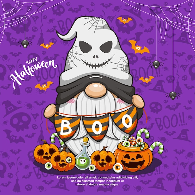 Vecteur joyeux halloween avec mignon gnome et citrouille, illustration de dessin animé