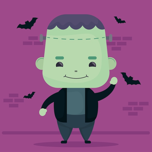 Joyeux halloween mignon personnage frankenstein et chauves-souris volant