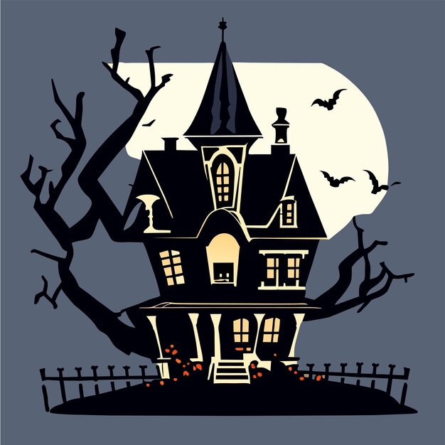 Vecteur joyeux halloween avec la nuit et le château effrayant à la main dessiné plat autocollant de dessin animé élégant