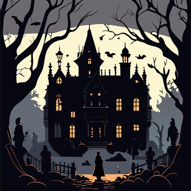 Joyeux Halloween Avec La Nuit Et Le Château Effrayant à La Main Dessiné Plat Autocollant De Dessin Animé élégant