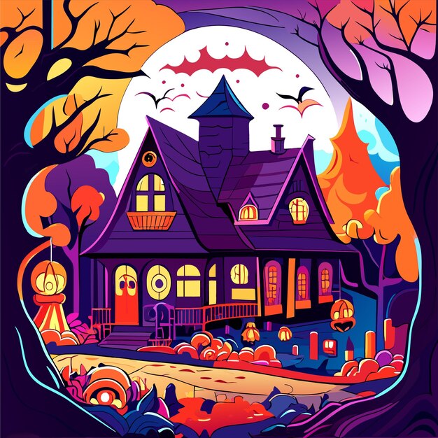 Vecteur joyeux halloween avec la nuit et le château effrayant à la main dessiné plat autocollant de dessin animé élégant