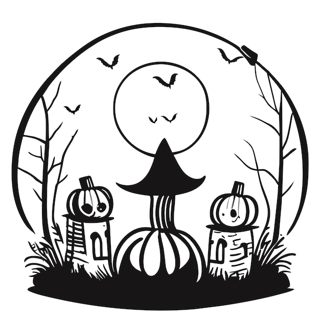 Vecteur joyeux halloween avec nuit et effrayant château hanté à la main dessiné à plat autocollant de dessin animé élégant