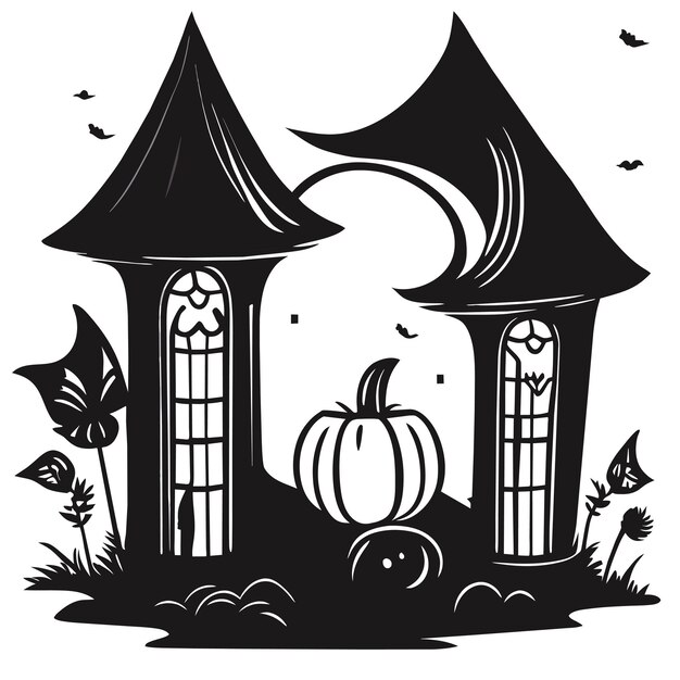 Vecteur joyeux halloween avec nuit et effrayant château hanté à la main dessiné à plat autocollant de dessin animé élégant