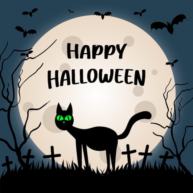 Vecteur joyeux halloween avec silhouette de chat noir et chauves-souris