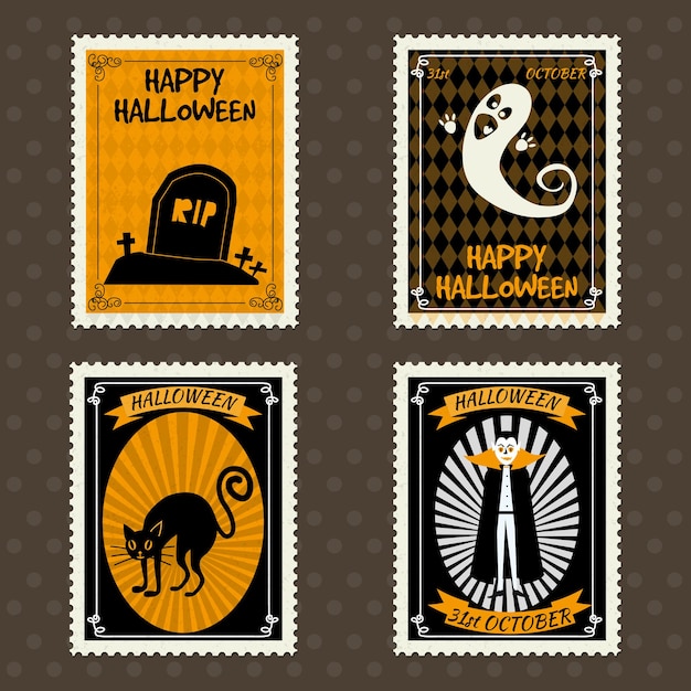 Joyeux Halloween Timbres-poste Avec Fantôme Cimetière Tombe De Chat Noir Vampire Halloween