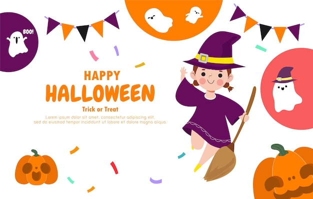 Joyeux Halloween Tour Ou Traiter Sorcière De Style Plat Et Modèle De Bannière D'invitation De Célébration De Fête Amusante